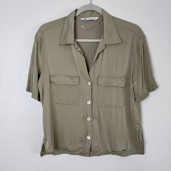 Zara Tops - Zara satin effect blouse with pockets button front green L